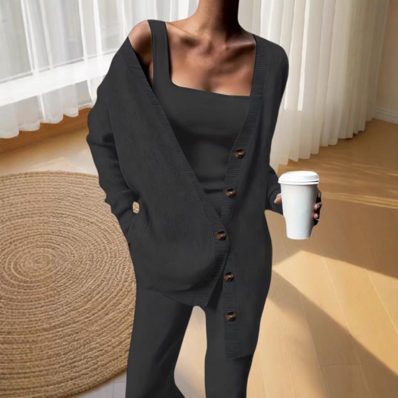 2026 Spring and Autumn New Women s Casual Fashion Jacket, Vest, and Pants Knit Three-Piece Set 3XL чёрный