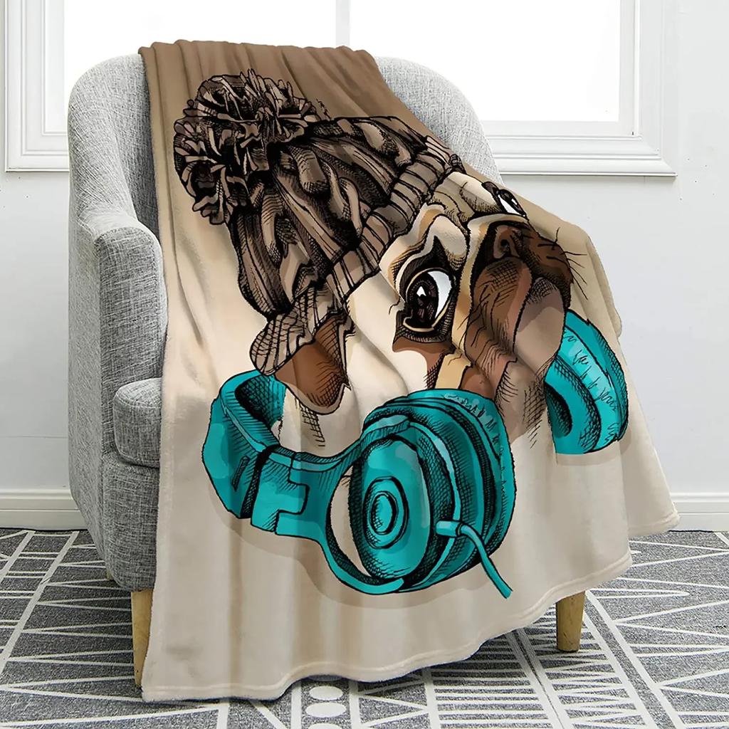 Cute Pet Pug Dog Print Blanket Soft Colorful Flannel Throw Blanket for Sofa Chair Bed Office Travelling Camping Lightweight