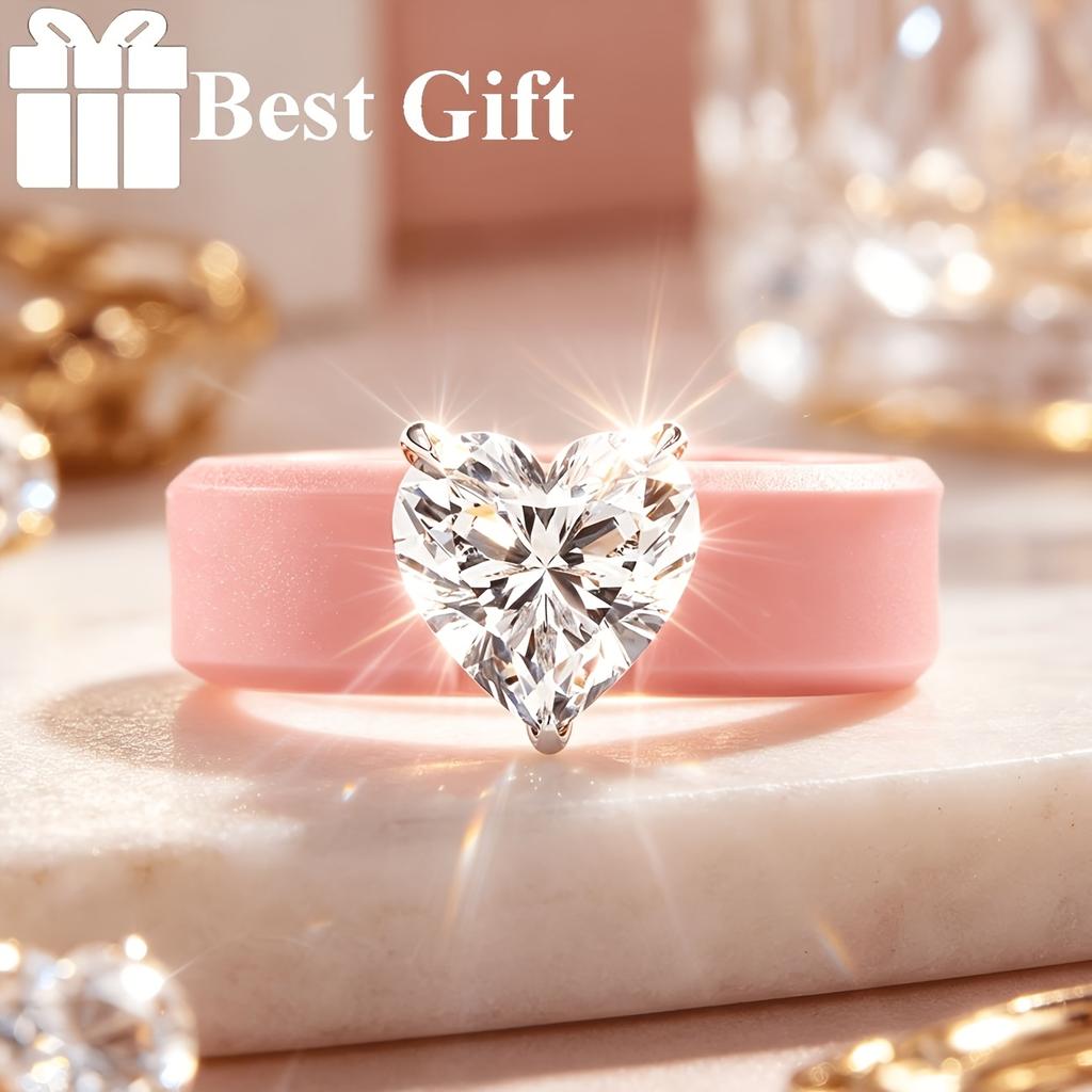 Elegant Pink Silicone Ring 3-Prong Clear Heart Solitaire CZ,Dainty Casual Engagement Jewelry For Ladies