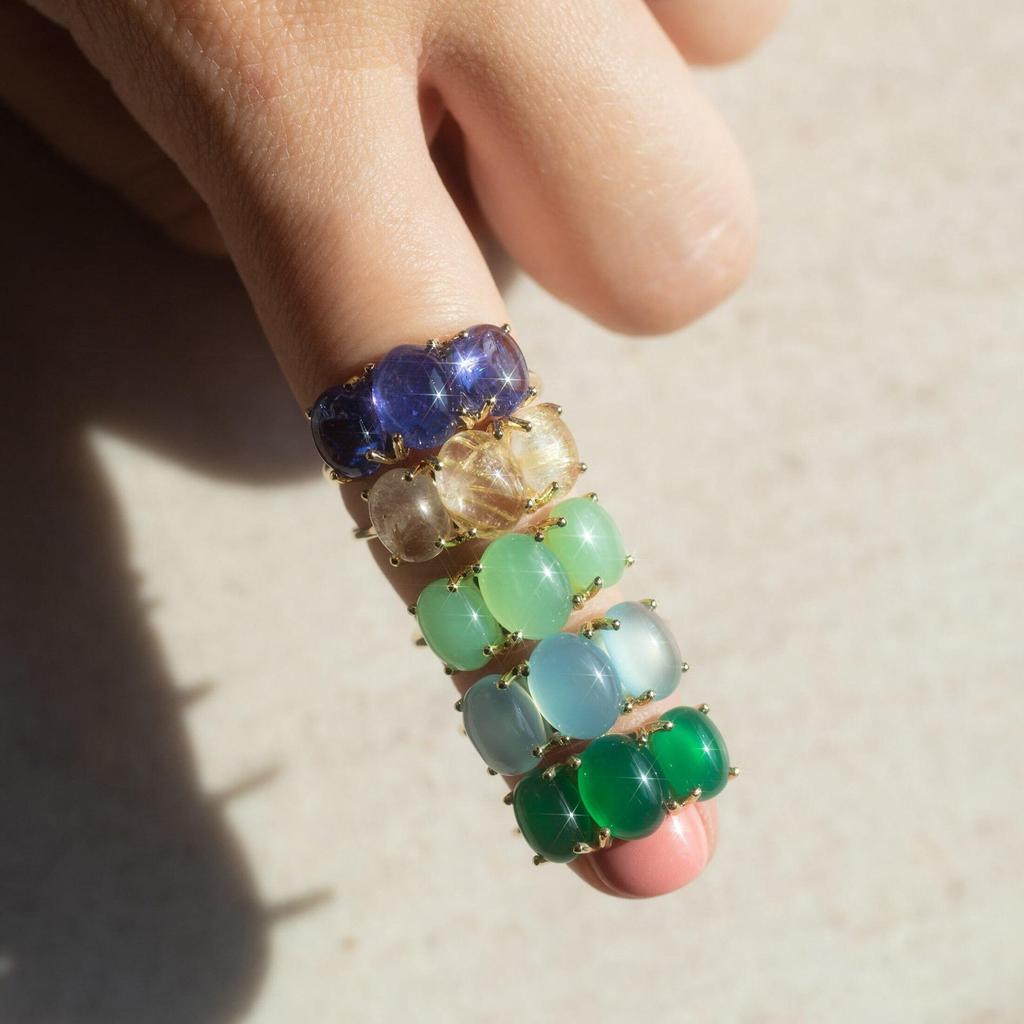 Green Onyx 3 Stone Ring – Oval Cabochon Gemstone Ring In Gold Plated Band, Vintage Style Statement Jewelry Gift for Women