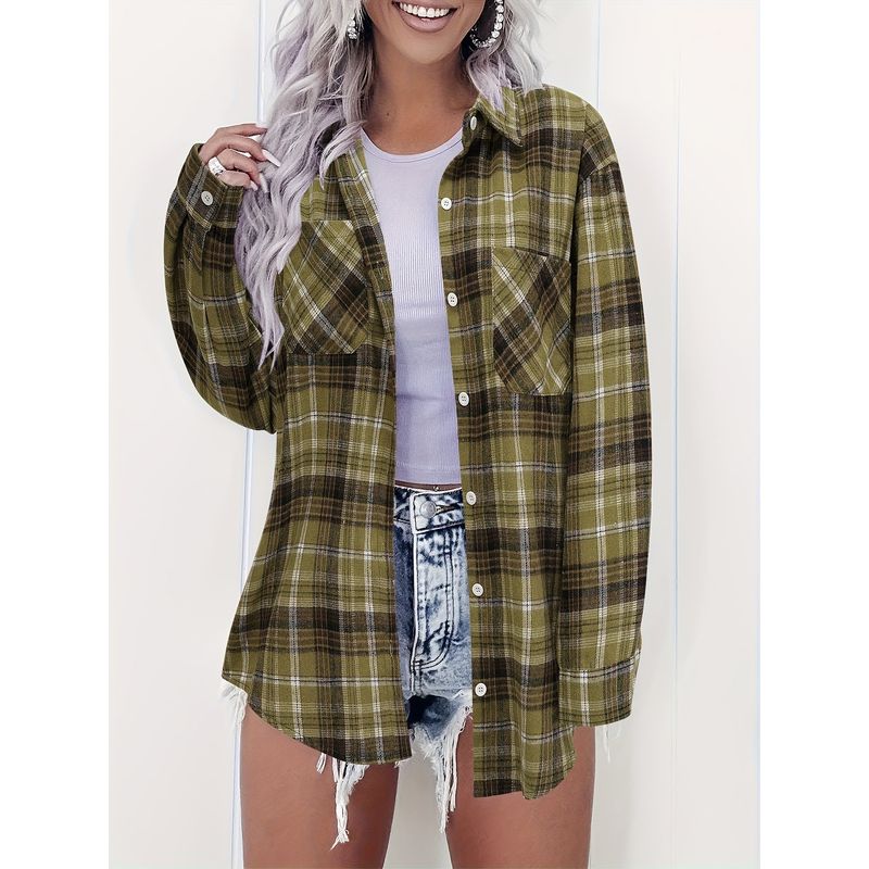 

Loose Plaid Shirt Fashion Wind New Arrival Fashion Loose Casual Print Gingham Long Sleeve Shirt Top Olive green S
