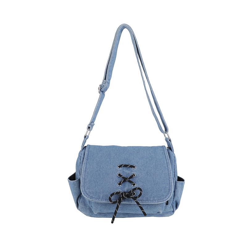 Korean Style Denim One-Shoulder Bag with Drawstring, Large Capacity Crossbody for School and Travel