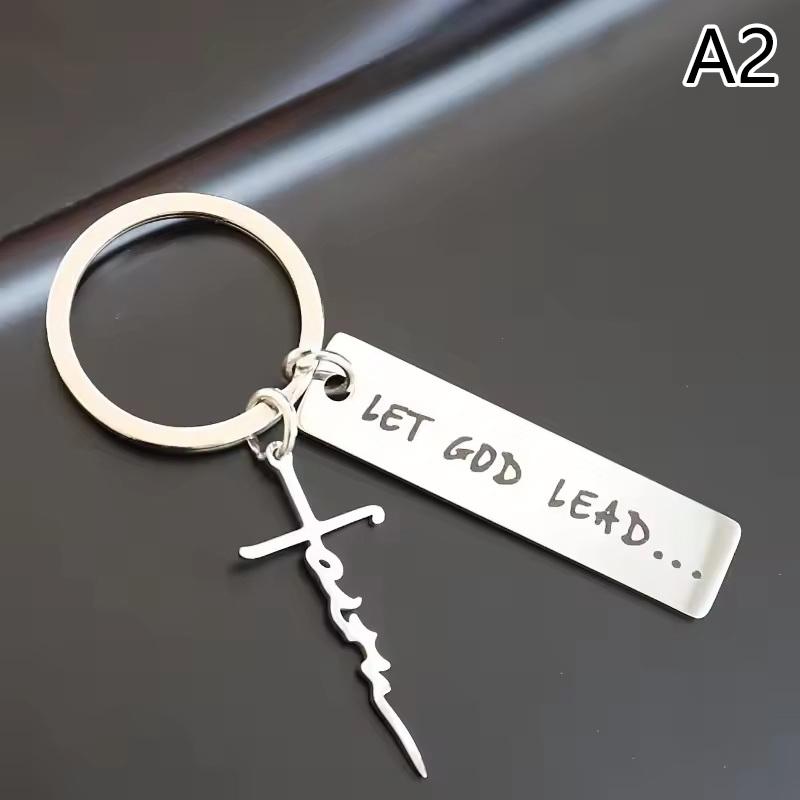 Let God Lead···Faith Cross Stainless Steel Keychain, Christian Religious Key Chain Ring Purse Bag Backpack Charm Daily Gift