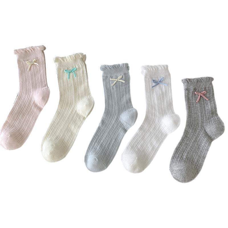 Sweet Bow Mid-calf Socks for Women, Summer Thin Mesh Hollowed-out Pile Socks, Solid Color Lace Long Socks