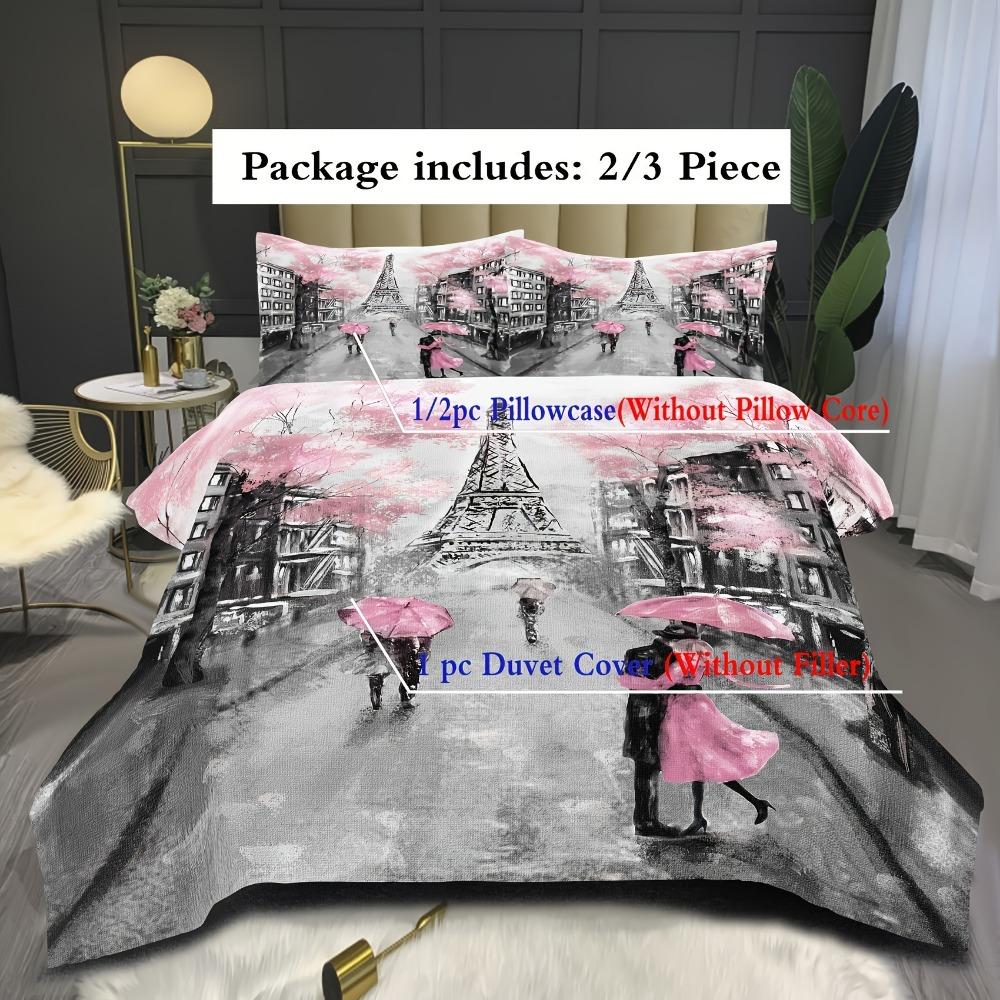 3pcs Bedding Set Pink Paris City Eiffel Tower Print Cozy Duvet Cover King Queen Twin Size Birthday Gift for Adult Bedroom Decor