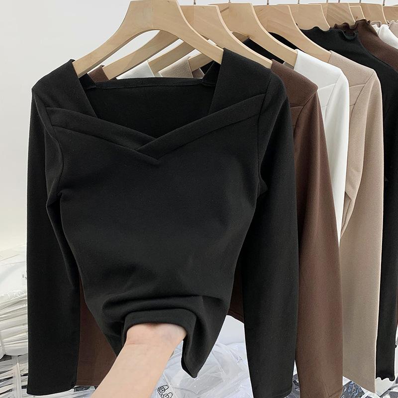 T-shirt a Manica Lunga Basic Colori Primavera Estate Senso del Design Quadrato Slim Puro Cotone Abbigliamento Donna Semplicità