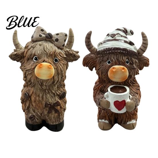 Farmhouse Kitchen Decor Highland Cow Figurine Resin Coffee Statue for Home Decor Artistic Floral Figurines Country Style Tabletop Ornament