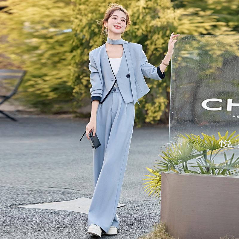 Stylish Spring 2025 Women's Patchwork V-neck Jacket & Wide-leg Pants Two-piece Set