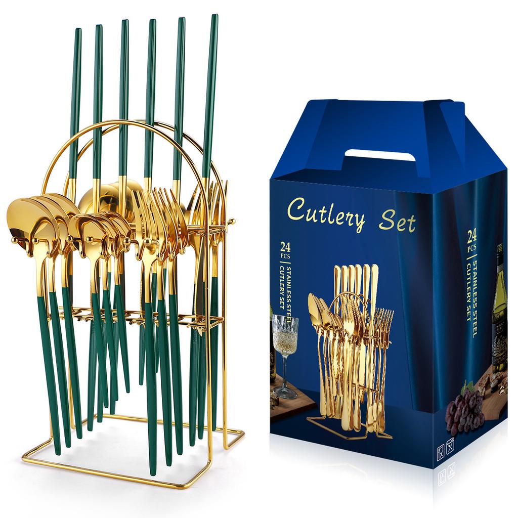 Stainless Steel Tableware Set with 24 Knives Forks and Spoons Home Storage Rack for Western Style Steak