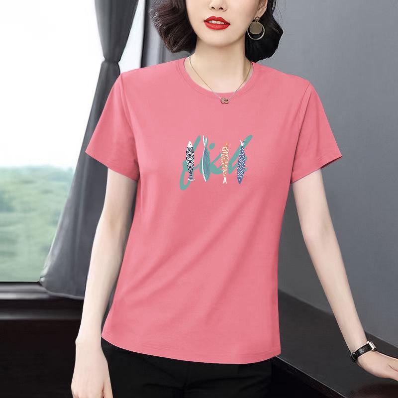 Women's Plus Size Short-Sleeve T-Shirt - Elegant, Loose Fit, Belly Covering, Summer Style for Middle-Aged Moms