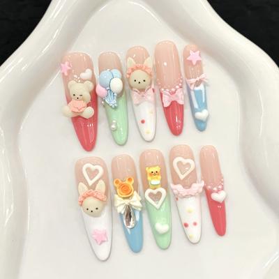 Unhas Postiças Feitas à Mão Estileto Longo Cobertura Completa Unhas Falsas com Cola Unhas de Feriado Unhas Postiças com Design 3D Unhas Falsas de Acrílico Unhas Adesivas para Mulheres