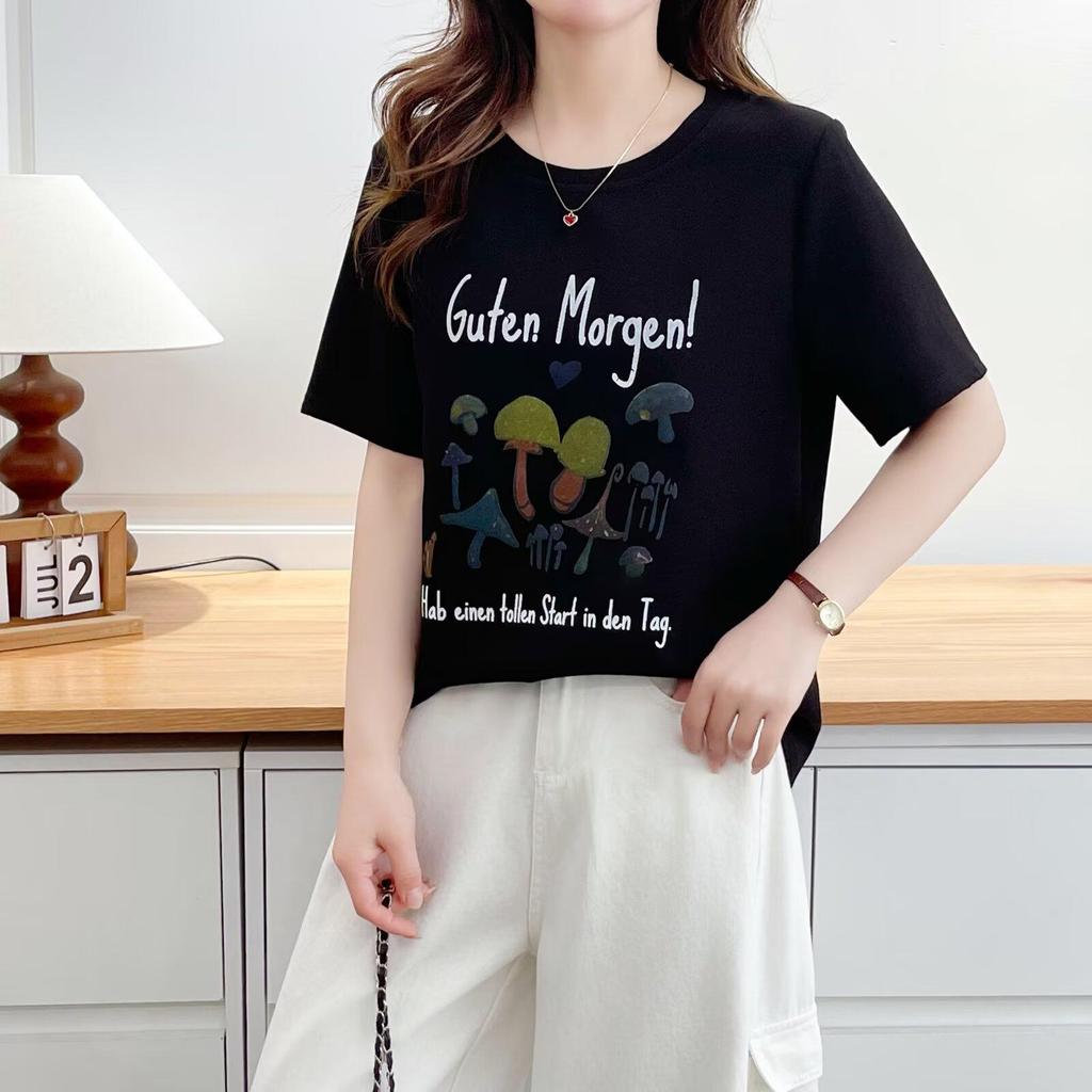 2026 New Summer Cartoon Mushroom Print Women's Round Neck Plus Size Casual Half Sleeve T-shirt