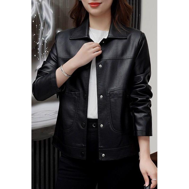 Dámská elegantní kožená bunda - 2025 jaro a podzim zeštíhlující korejský styl, ležérní a všestranná