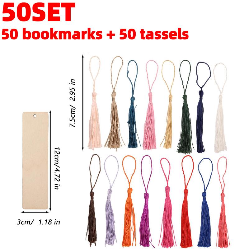 50/25Set Wooden Blank Bookmarks with Colorful Tassels DIY Wooden Journal Craft Bookmarks Wedding Birthday Party Gifts Decoration