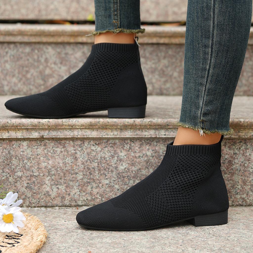 Ankle Sock Boots for Women Fashion Medium Heel Round Head Knitted Short Chelsea Boots