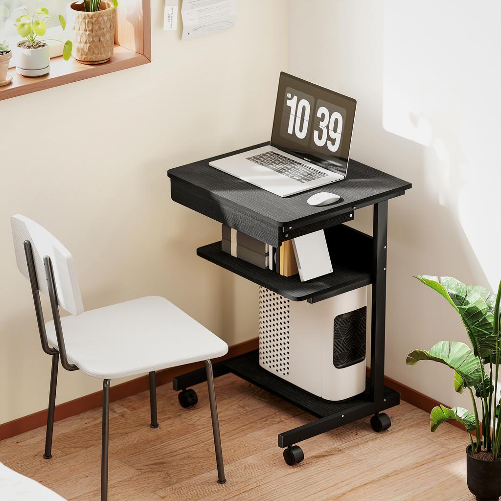 Rolling Desk with Drawer and Shelves, 4 Wheels, Compact, Particleboard, Metal