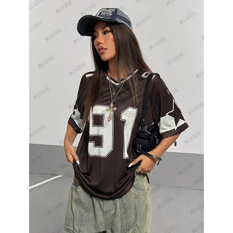 Oversize T-shirt Damski Dekolt V Krótki Rękaw Letni Patchwork Niebieski Nadruk Speed 91 Codzienne Koszulki Sportowe Koszulka Piłkarska Y2k Top