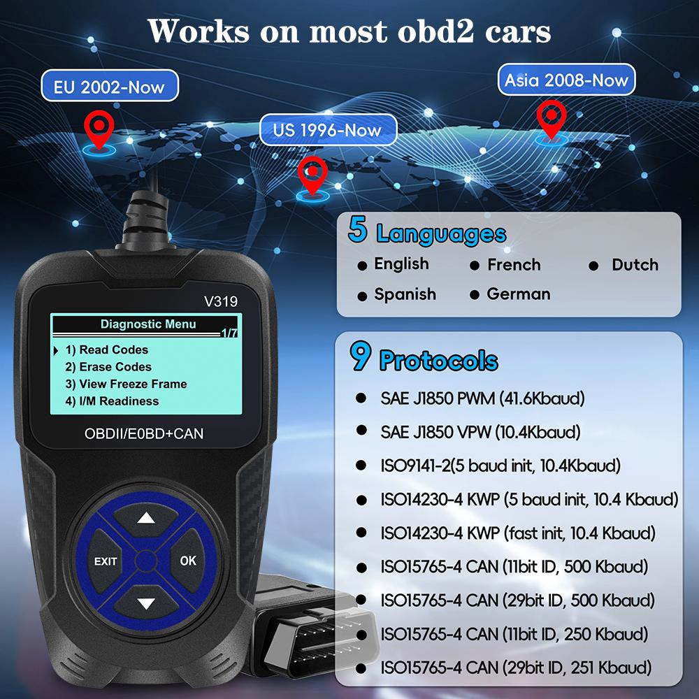 Scaner V319 OBD 2 Afișaj digital Instrumente de diagnosticare auto Accesorii auto Cititor de coduri OBD2 Instrument de diagnosticare a motorului