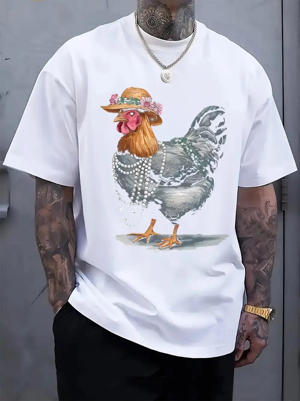 

1pc Chicken Print Round Neck Short Sleeve T-shirt - Casual Summer Tee XL