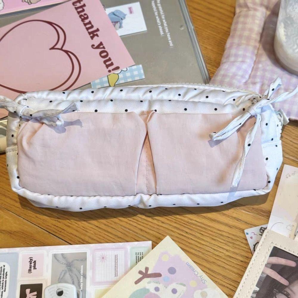 White With Pink Student Pencil Box Simple and Niche Bow Pencil Case Makeup Storage Bags