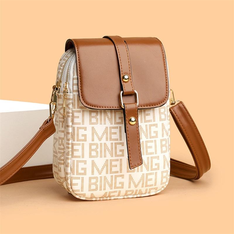 Women’s Crossbody Phone Bag, PU Leather Small Shoulder Purse with Flap & Zipper, Vintage Letter Print Mini Bag