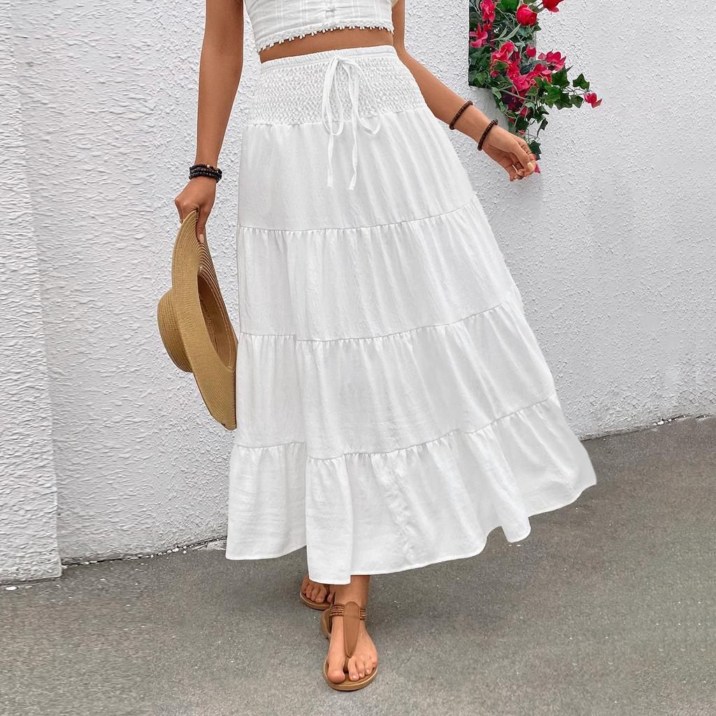 Women's Fashionable Solid Color Lace Elastic High Waist Bohemian Style Casual A-line Skirt