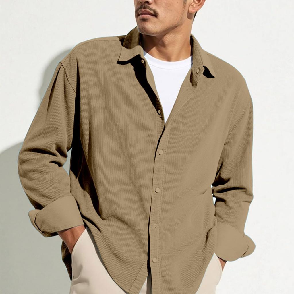 Men's Casual -color Lightweight Breathable Corduroy Button-down Shirt - Men's Stylish Loose-fitting Long-sleeved Shirt