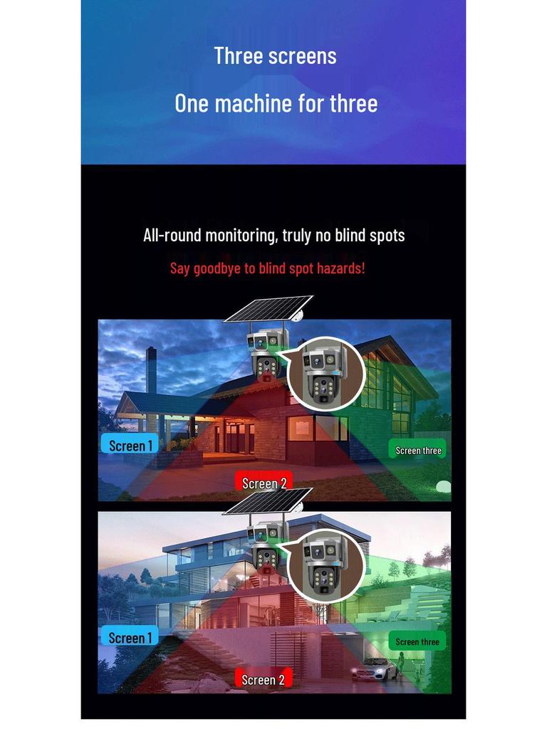 360° Solar Wireless Camera with 10x Zoom & Three-Screen Monitoring for Day/Night Full-Color Outdoor Use