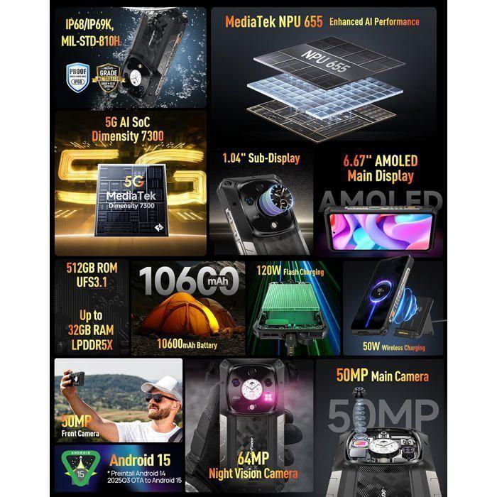 Téléphone Portable Incassable 5G Ulefone Armor 28 Pro 32+512Go 6,67" FHD+ Smartphone Robuste 50MP+64MP 10600mAh Dural SIM/NFC Noir
