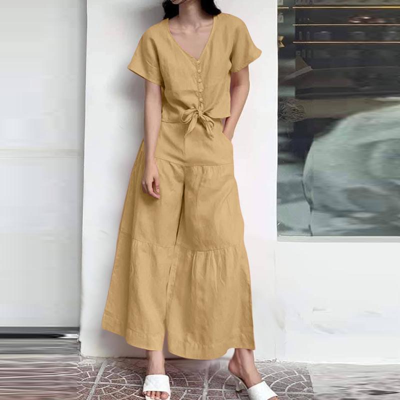 ZANZEA Women Short Sleeve Blouse and Wide Leg Pants Summer Two Piece Sets