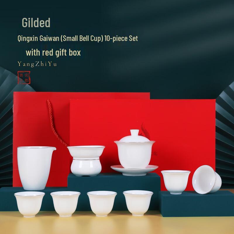 

Chaxun Mutton-Fat Jade White Porcelain Gongfu Tea Set with Gaiwan & Gold Trim