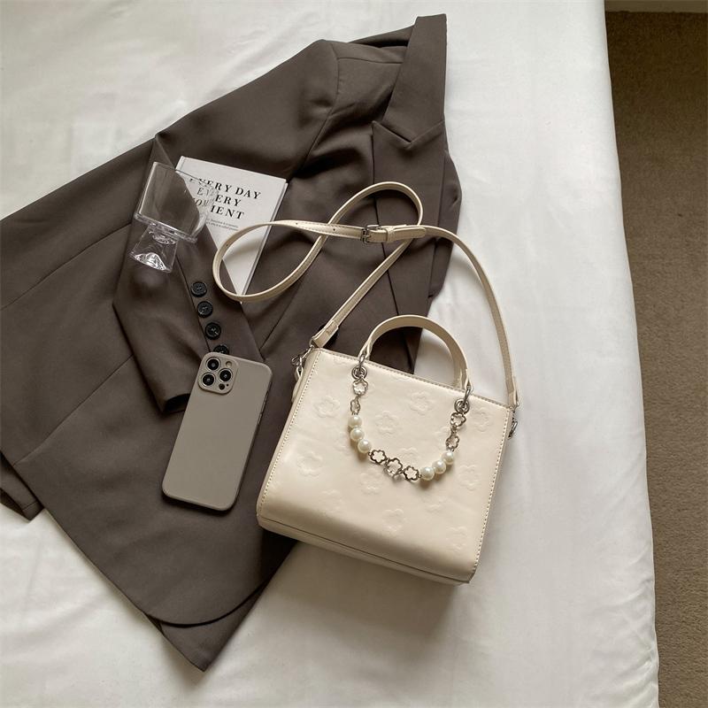 Women's Bag  New French Fairy Style Handbag Fashionable Pearl Beaded Small Print One Shoulder Crossbody Bag Trend
