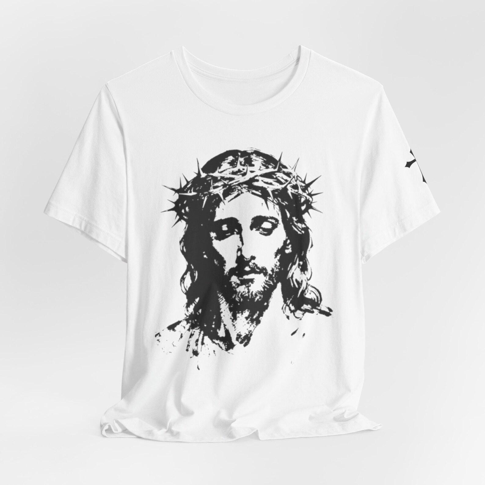Jesus Crown of Thorns T-Shirt, Alpha Omega Bible Verse, Christian Gothic Streetwear Tee M