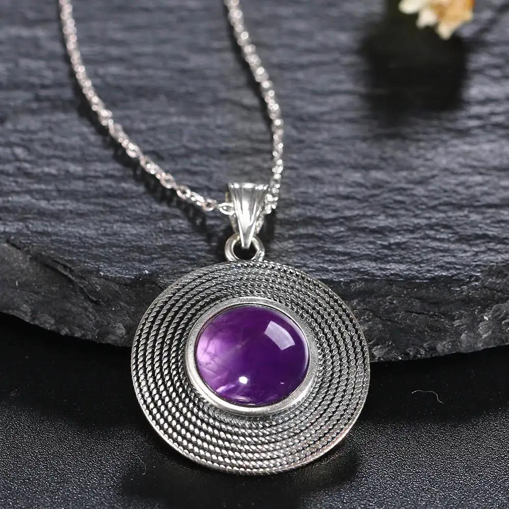 Silver 10MM Round Amethyst Pendant Necklace Ladies Handmade Natural Zircon Charm Necklace for Women Gift