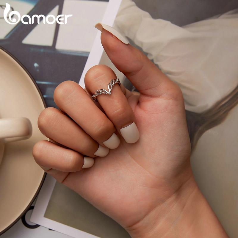 BAMOER madingas V formos žiedas moterims 925 sterlingų sidabrinis paprastas geometrinis madingas žiedas mergaitei, vestuvinė dovana, puikūs papuošalai