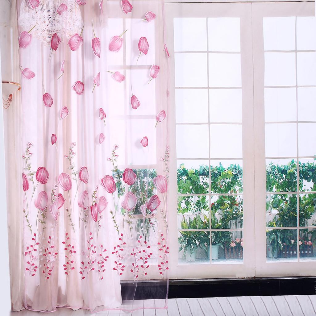 100*200cm Colorful Tulips Printing Tulle Curtains Sheer Drape Balcony Window Decoration
