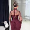 Nuovo Abito Bodycon a Manica Lunga Patchwork di Pizzo con Orlo a Strascico Slim Fit per Donna Abbigliamento per il Tempo Libero