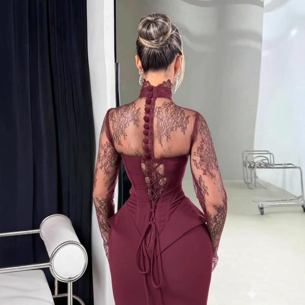 Nuovo Abito Bodycon a Manica Lunga Patchwork di Pizzo con Orlo a Strascico Slim Fit per Donna Abbigliamento per il Tempo Libero