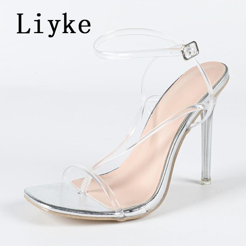Fashion Liyke Summer Fashion Clip Square Toe Perspex Clear High Heels Sexy Women Flip Flops Sandals Jelly PVC Transparent Shoes Size 42