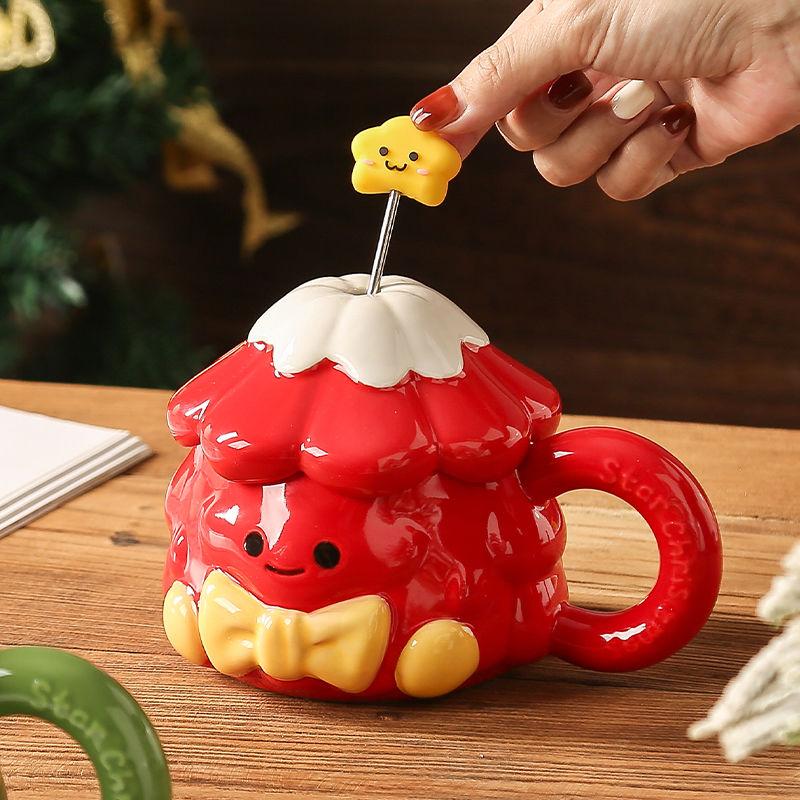 Keramický pohár na vánoční stromeček, tyčka na míchání, hrnek pro pár s víčkem, 420 ml hodnotný dárek k narozeninám pro dívky