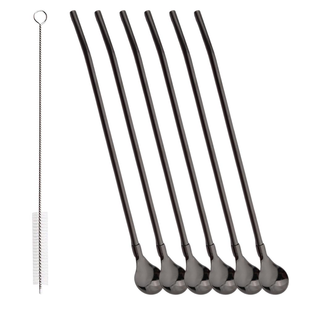 7Pcs Milkshakes Cocktails Coffee Juice Straw Set 2-in-1 Stainless Steel Straw Spoon Set Reusable Drinking Straws Bar Accessories