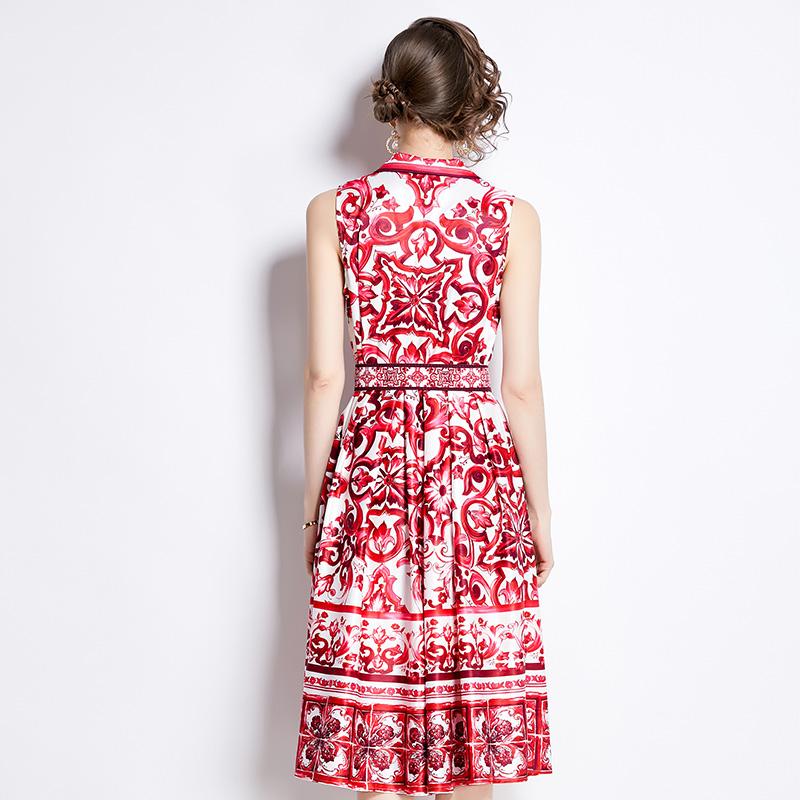 Rochie de vară pentru femei, de designer de marcă, cu imprimeu de epocă, rochie de petrecere cu curea, cu rever, cu un singur piept.