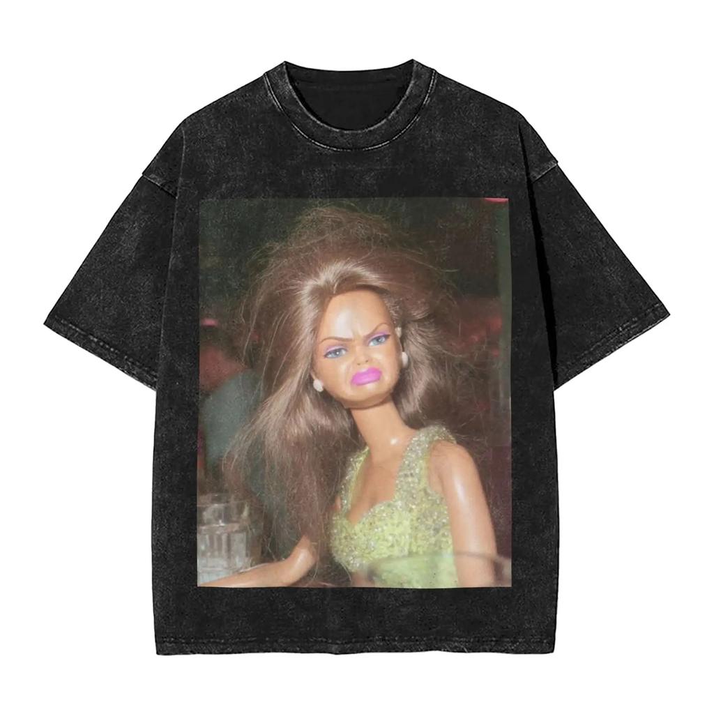 Distressed Doll Face Graphic Print Funny Meme Harajuku Fashion Tshirt Women Men Vintage Washed Oversized Top Cotton Summer Tees