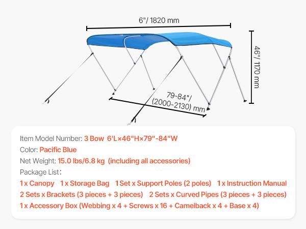 SucceBuy 3 Bow Boat Bimini Tops 600D Polyester Canopy with Aluminum Alloy Frame Waterproof Sun Shade Awning Canopy Fit for Boat