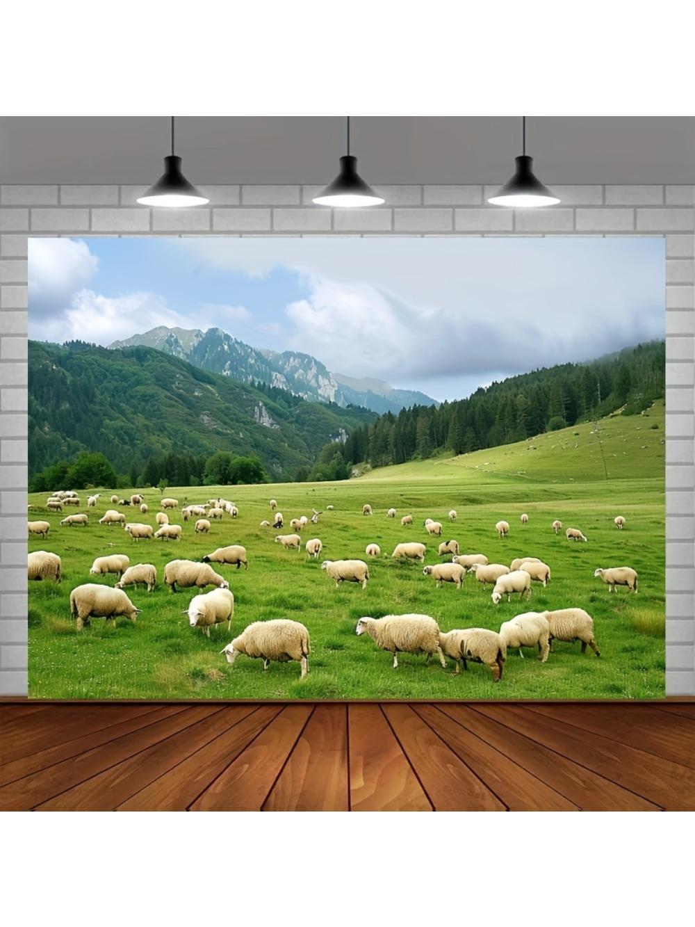 1 piece of rural farm background - high-quality fabric photography background, pastoral scenery, sheep and lamb grazing 150X210cm зелёный