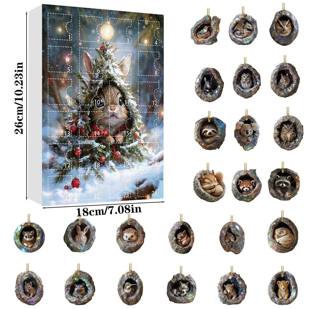 Animal Ornament Advent 2D Acrylic 24 Days Christmas Tree Hole Countdown Calendar Holiday Animal Pendant for Kids Boys Girls