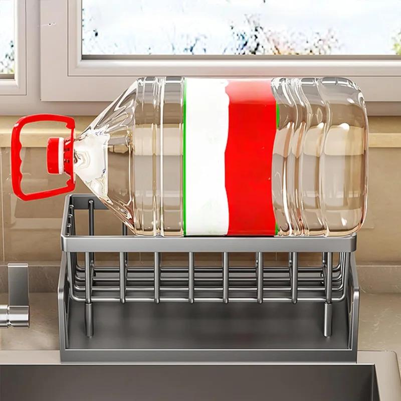 Over-sink dish rack organizer, rustproof steel sponge holder with soap dispenser and sponge shelf, no-drill clamp mount design