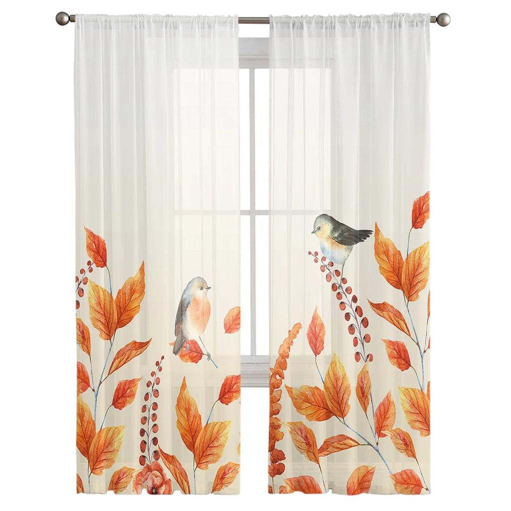 Thanksgiving Fall Plants Robin Sheer Curtains Transparent Voile Tulle for Living Room Bedroom Holiday Window Decoration