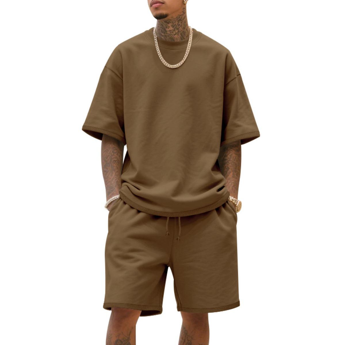

2025 100% Cotton Men s Summer American-Style Loose High Street Hip-Hop Sport Short-Sleeved Set with Shorts 4XL