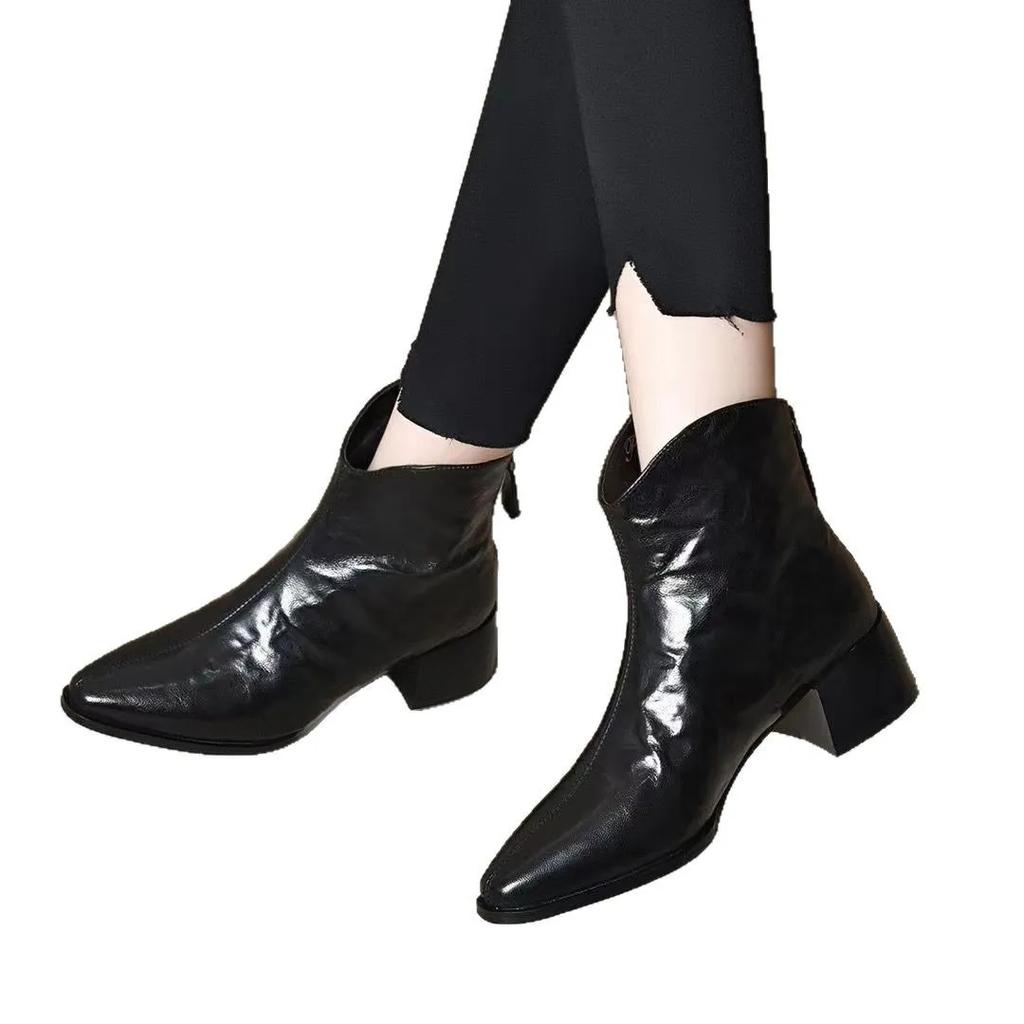 Fashion Female Short Shoes Pointed Toe Brown Fur Leather Booties Elegant with Medium Heels Women's Ankle Boots Sale Autumn Chic Boot